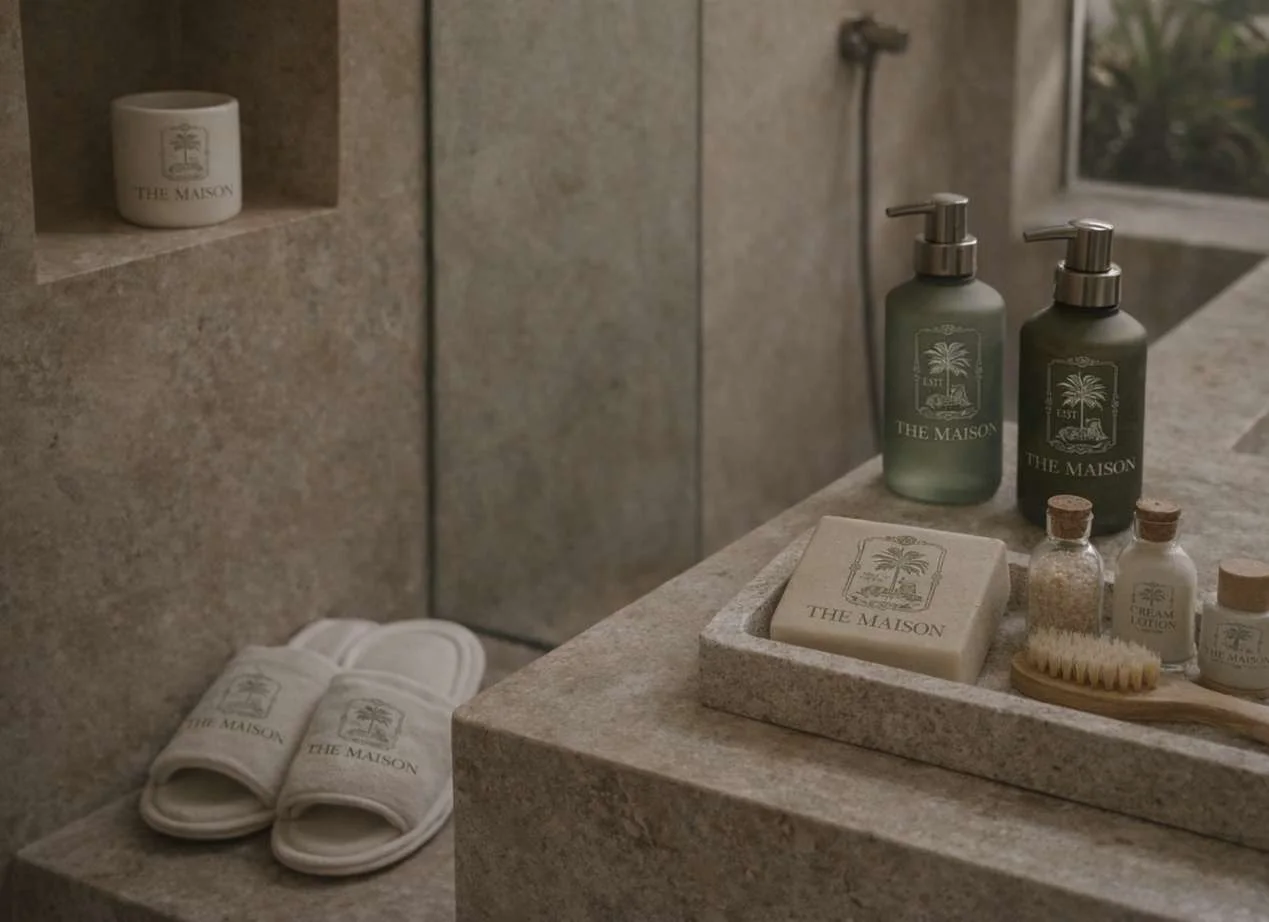 A stone ledge with dark green Maison bottles, a stamped soap and folded terry slippers.