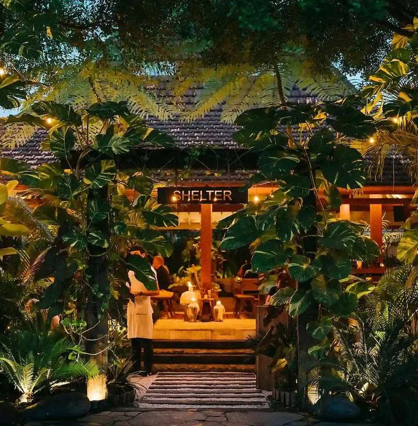A Pererenan dining room after dark, lanterns strung through heavy planting.