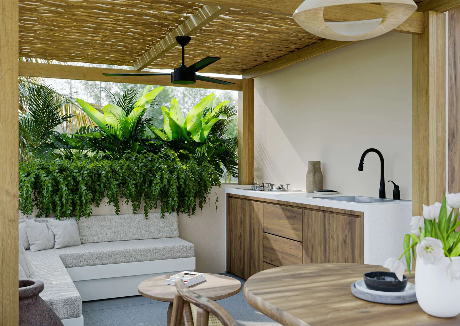 The rooftop kitchen under a woven pergola, ferns spilling from the planter.